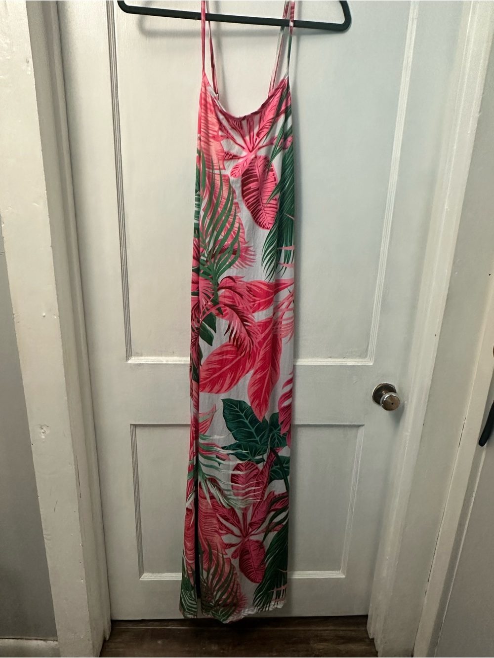 SHEIN Pink and Green Tropical Print Slip Maxi Dress